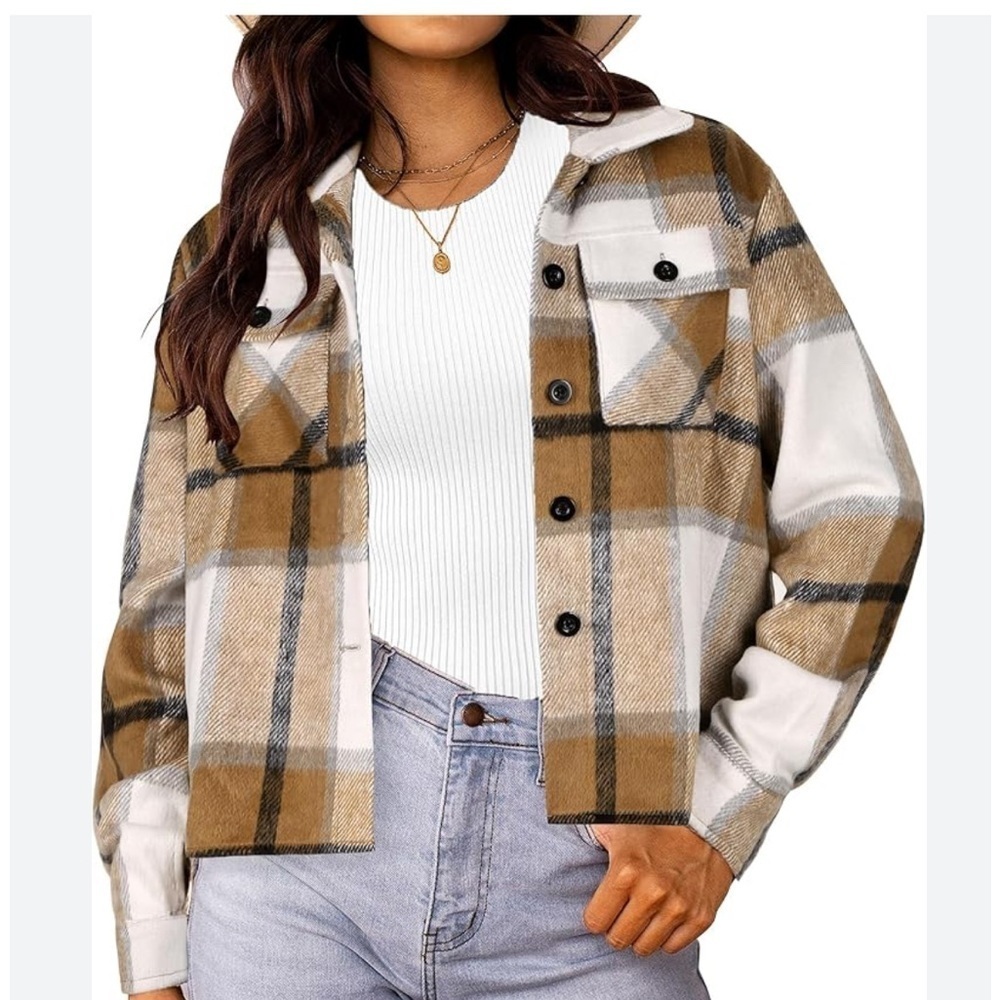 Hotouch flannel cropped button down shirt size medium brown black cream top NWT